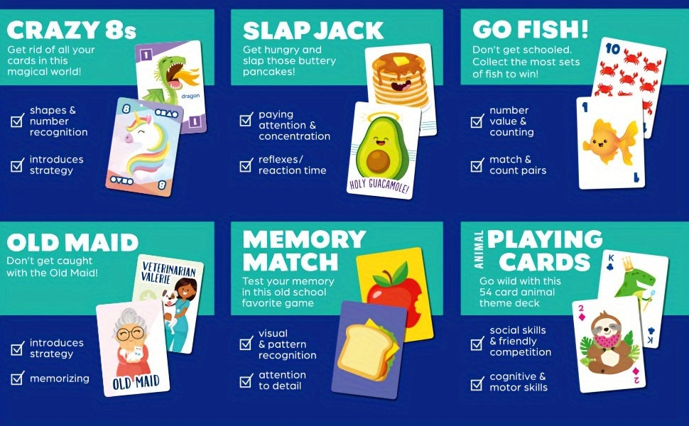 Jeu de 6 cartes pour enfants avec 6 paquets – Pêche, Pouilleux, Huit Américain, Mémo, Slap Jack et cartes Animaux | Soirée jeux en famille à partir de 4 ans, cadeau d'anniversaire et de Noël, cadeau de Noël