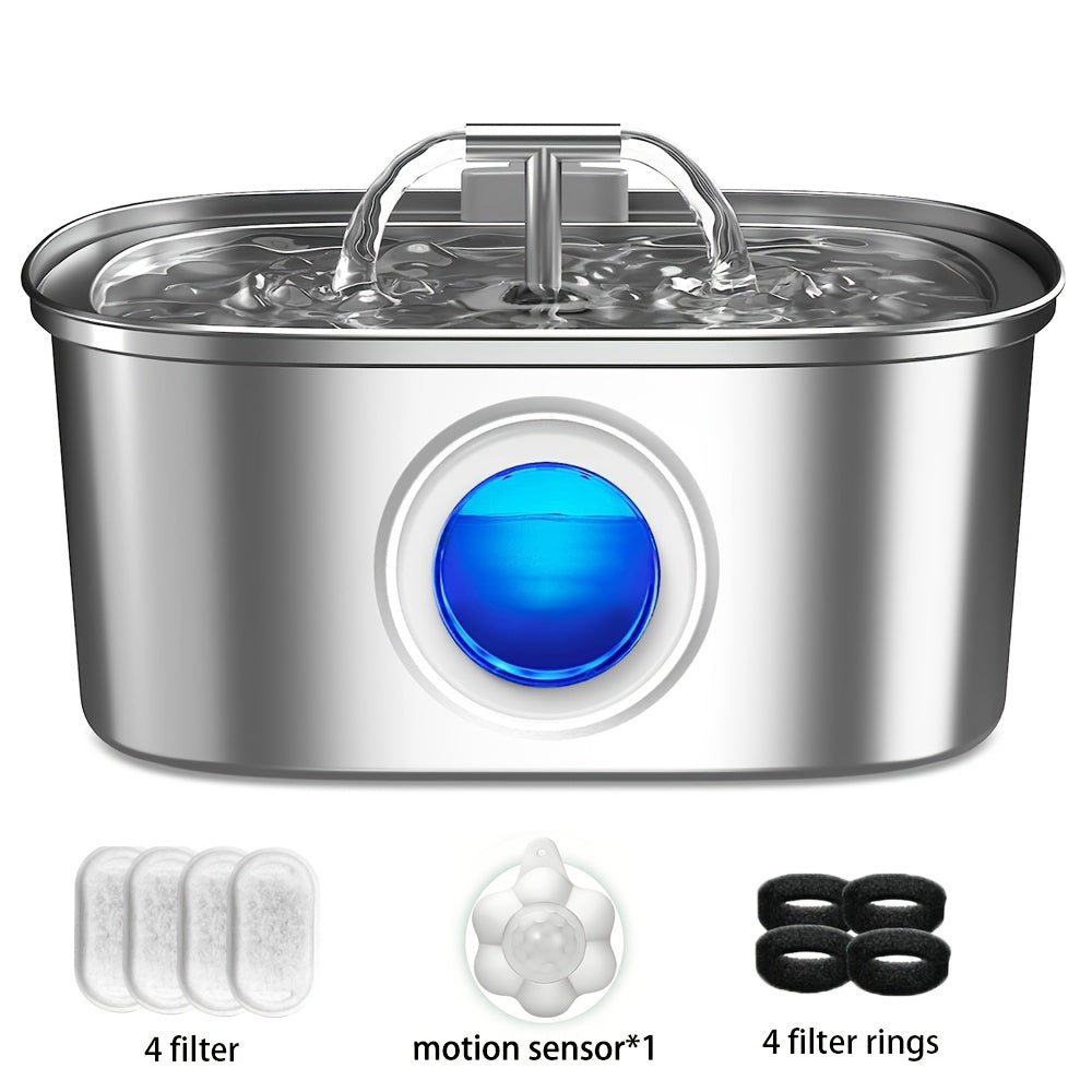 Pet Water Fountain 108oz Stainless Steel Smart Automatic - Silent Faucet Stream Dispenser with Transparent Window for Cats & Dogs, Optional Filters & Chip Sensor