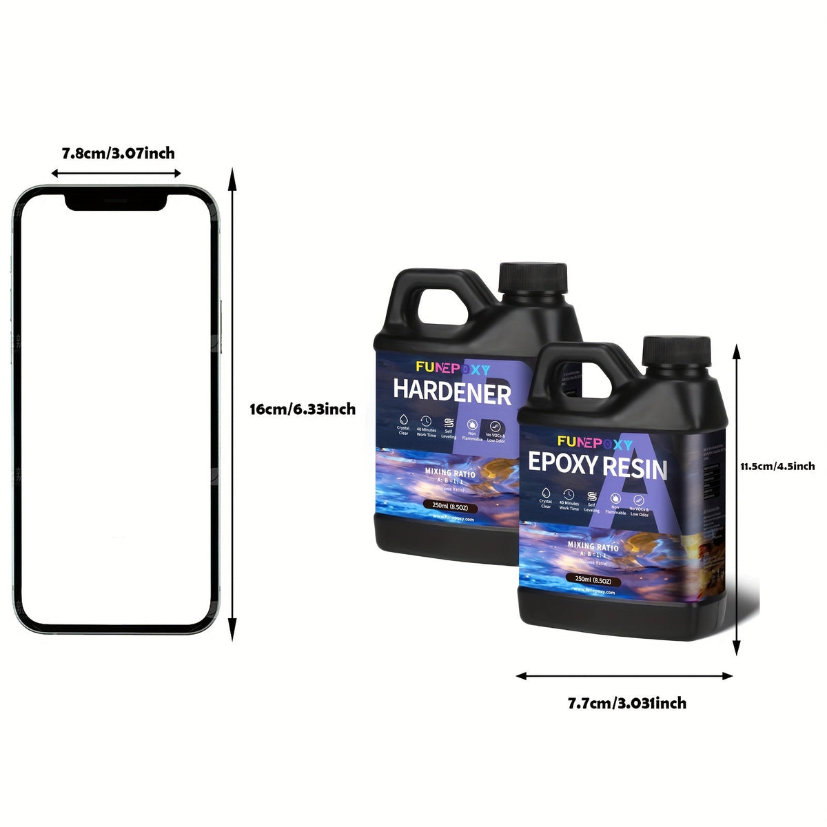 Kit de résine époxy cristalline FUNEPOXY, rapport 1:1, autonivelante, fini ultra-brillant pour dessus de table, comptoirs de bar, tables à bord brut, résine de coulage, création de bijoux, 16oz, 32oz, 64oz, 1 gallon, 2 gallons