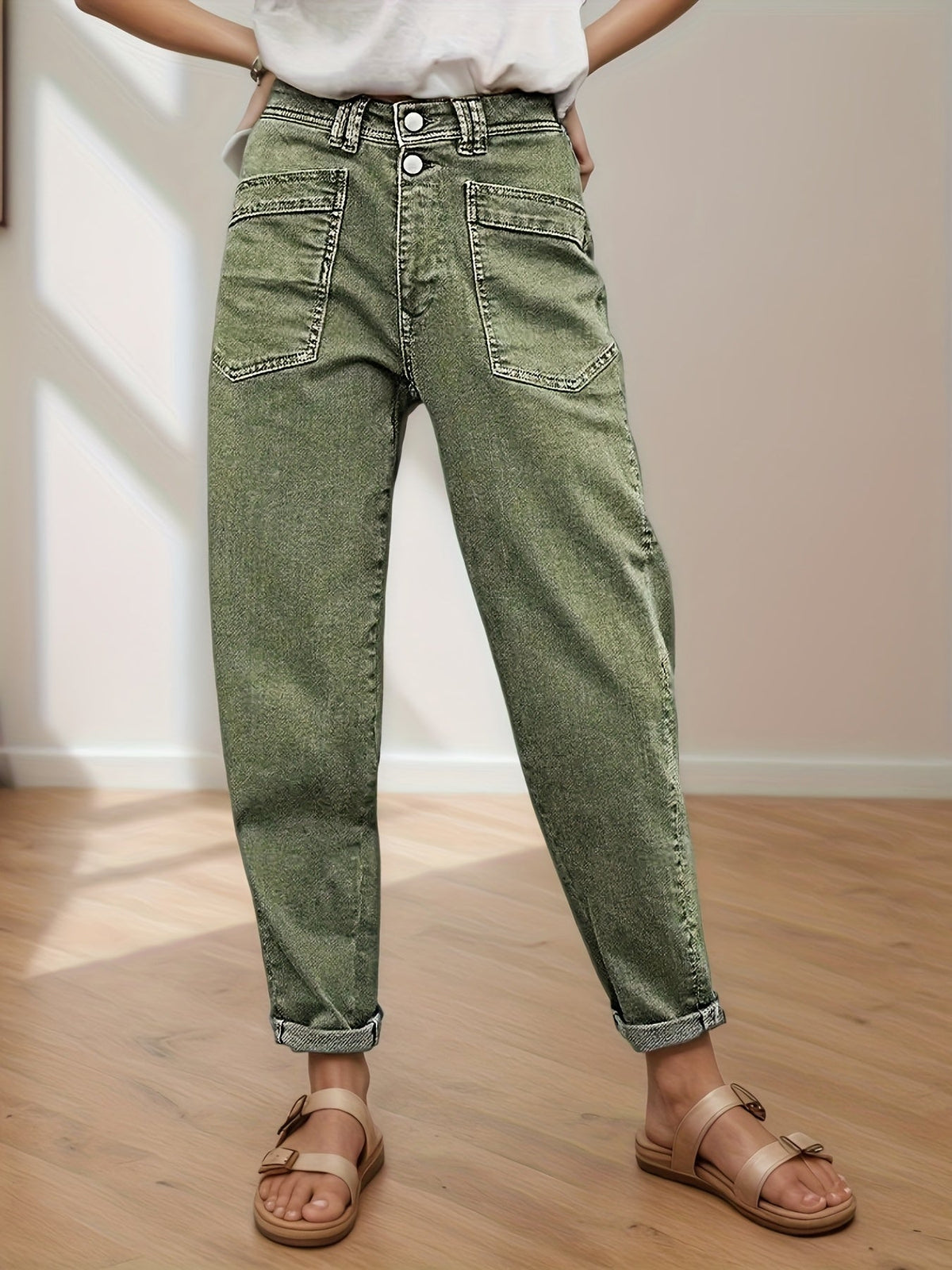 Jean droit stretch taille mi-haute pour femme - Vert olive, braguette à boutons, poches latérales, passants de ceinture, jean baggy stretch 4 directions mode urbaine pour tenue décontractée ou semi-formelle toutes saisons, lavable en machine