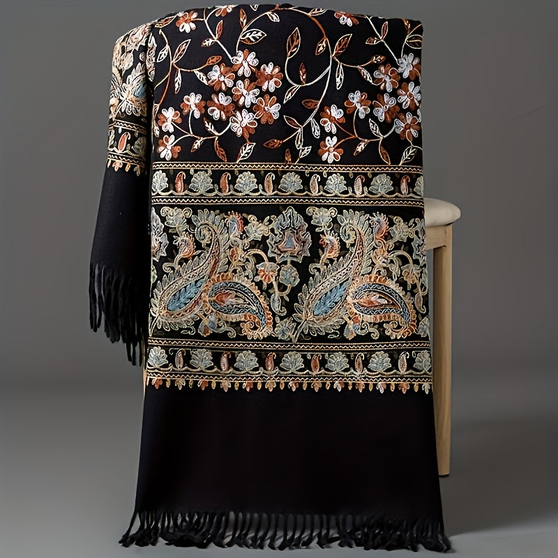 Châle en cachemire bohème pour femme – Broderie cachemire vintage avec pompons, étole légère et chaude pour le printemps et l'automne, 6 couleurs, lavable à la main, pour tenues décontractées et habillées