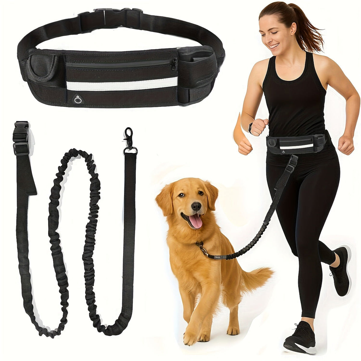 Laisse pour chien mains libres avec pochette zippée et double poignée rembourrée – Laisse élastique antichoc pour la marche, le jogging et l'entraînement à la course, laisse ventrale pour propriétaires d'animaux actifs