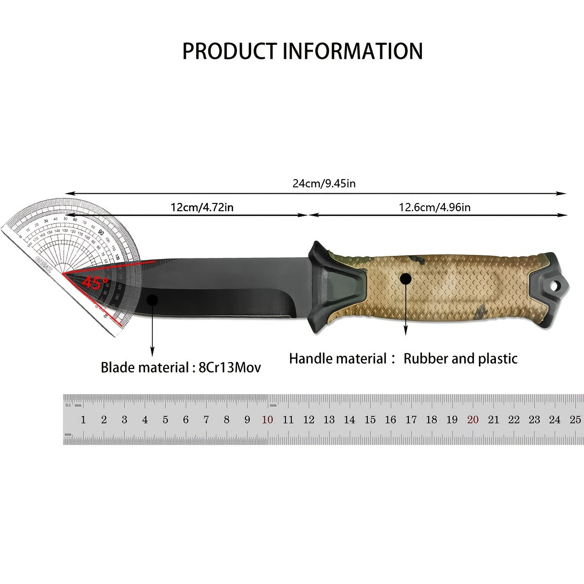 Couteau à lame fixe pour extérieur – Lame droite en acier inoxydable, manche antidérapant, étui type K, couteau EDC pour chasse, pêche, camping, survie, camouflage, outil de terrain polyvalent pour hommes