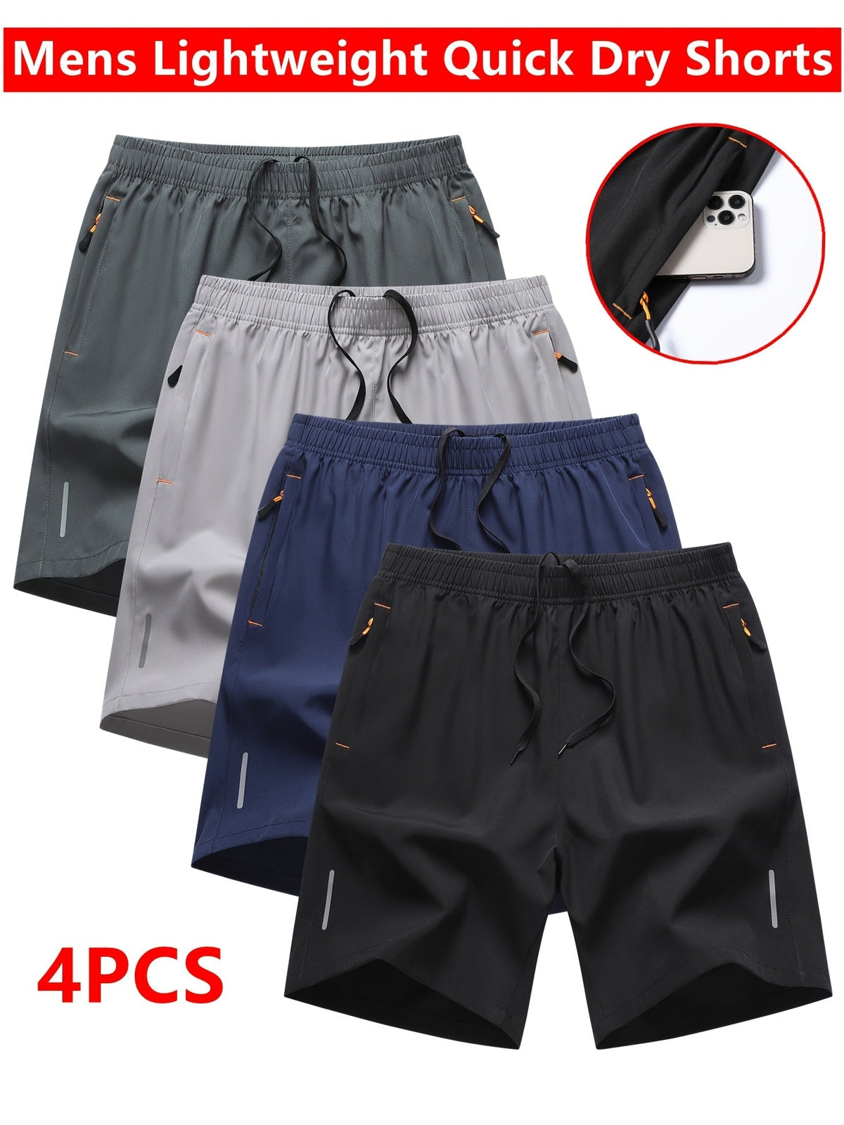 Lot de 4 shorts de sport pour homme, séchage rapide, légers et respirants, poches zippées, taille à cordon, coupe ample pour la course, la salle de sport, le vélo, le basket-ball, le tennis, les sports de plein air et la plage - Couleurs variées S-XXXL