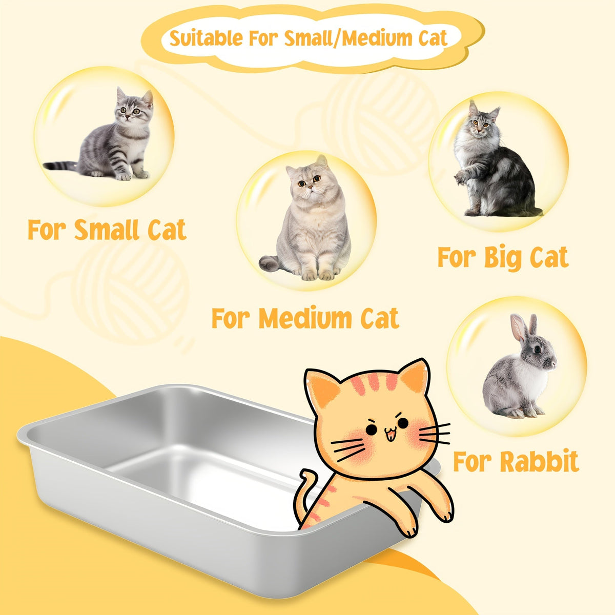 Bac à litière pour chat en acier inoxydable à bords hauts, bac anti-fuites avec pelle et plateau de tamisage, résistant à la rouille, anti-odeurs, anti-adhésif, facile à nettoyer, toilettes pour chats d'intérieur, taille moyenne à grande