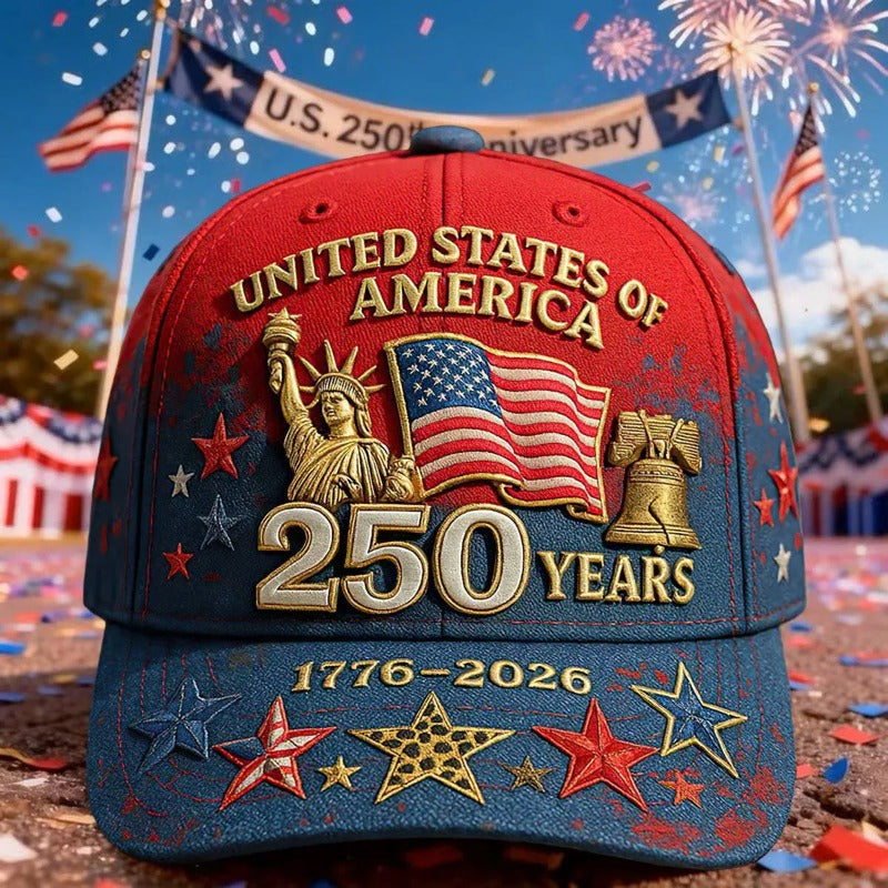 Casquette de baseball patriotique imprimée en 3D pour le 250e anniversaire des États-Unis – Motif Statue de la Liberté, cloche de la liberté et étoiles, chapeau de soleil unisexe réglable pour le 4 juillet, randonnée en plein air et cadeau commémoratif