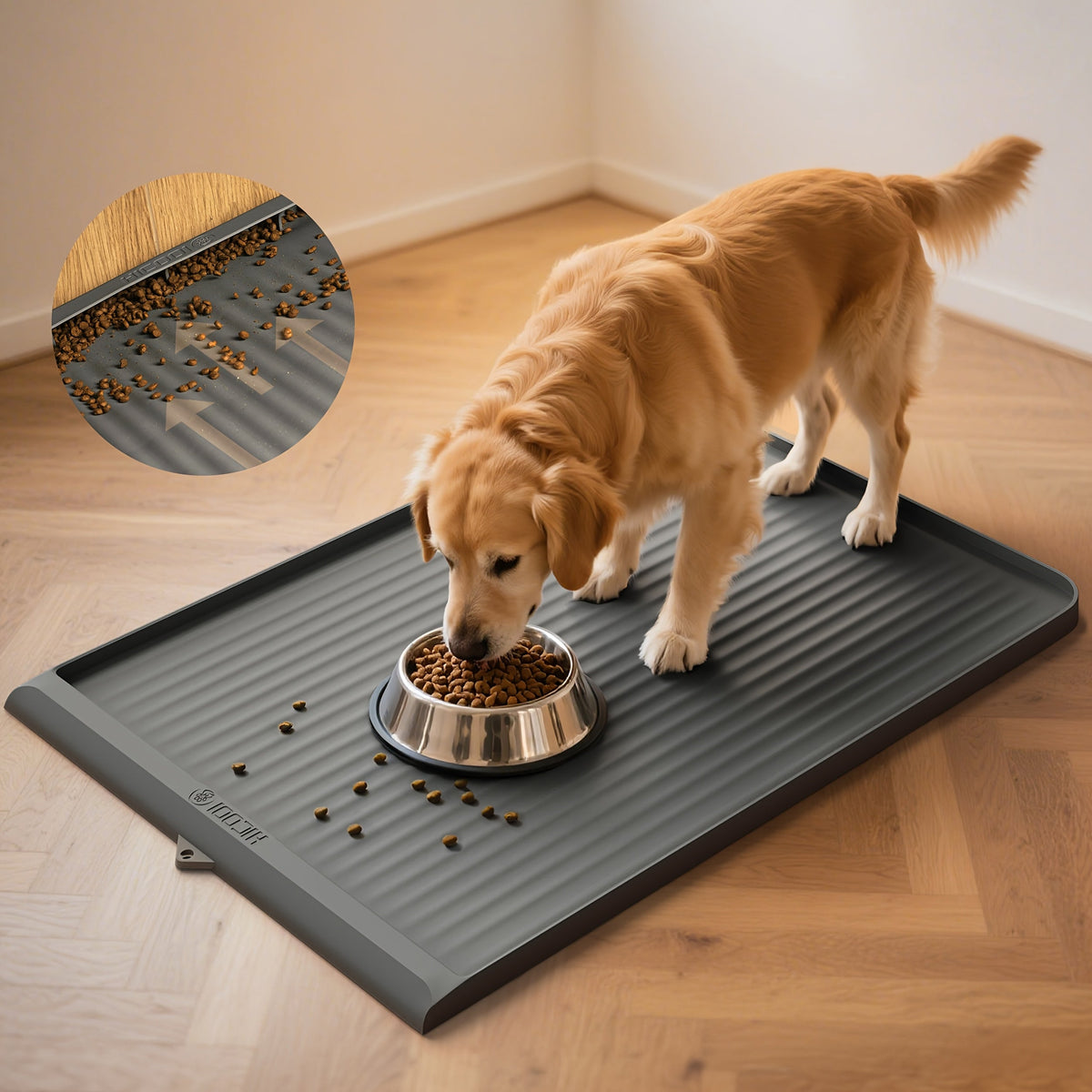 Tapis d'alimentation imperméable pour animaux 91 x 61 cm – Grand tapis antidérapant pour nourriture pour chien et chat – Bords surélevés, rainures de dérivation, facile à nettoyer, tapis de gamelle pour nourriture et eau, gris