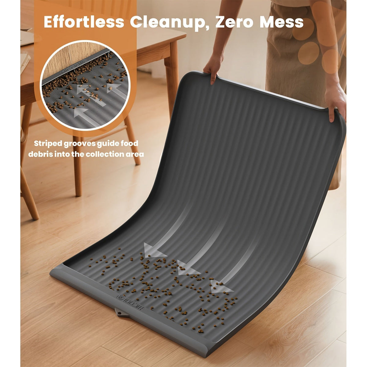 Tapis d'alimentation imperméable pour animaux 91 x 61 cm – Grand tapis antidérapant pour nourriture pour chien et chat – Bords surélevés, rainures de dérivation, facile à nettoyer, tapis de gamelle pour nourriture et eau, gris