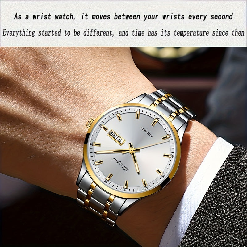 Montre mécanique automatique pour homme – Bracelet fin en acier inoxydable, aiguilles lumineuses, affichage du calendrier, sans pile – Montre de luxe habillée pour le travail, cadeau idéal