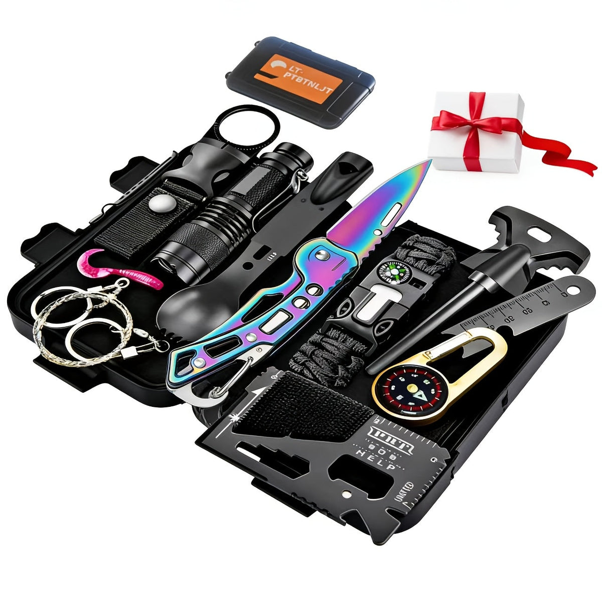 Kit de survie pour homme, ensemble d'équipement d'urgence de 12 à 115 pièces avec pierre à feu et multi-outil pour camping, randonnée, chasse, pêche, aventure en plein air, cadeau pour papa ou mari
