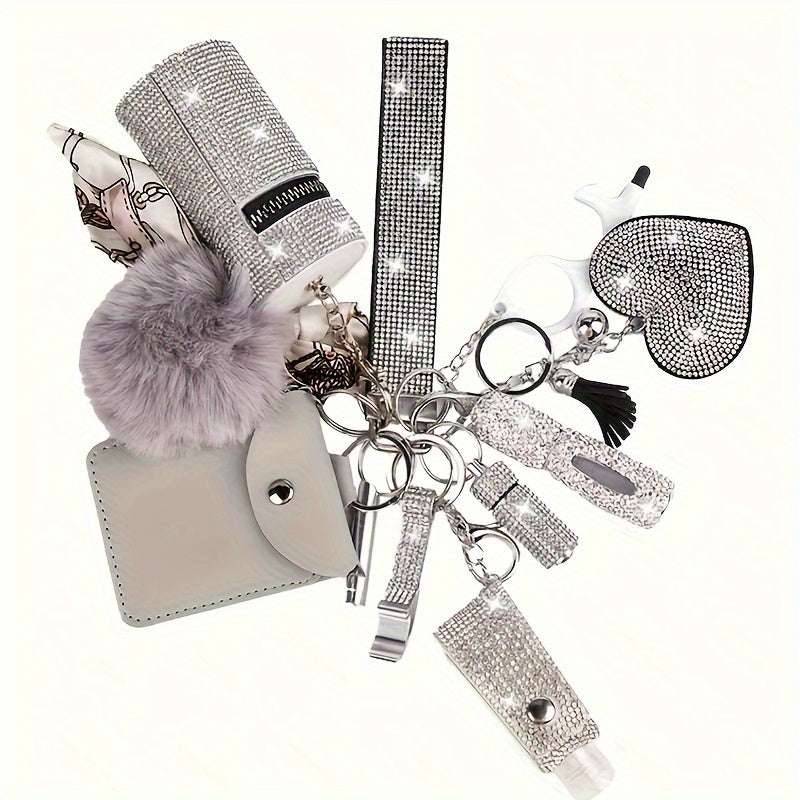 Ensemble de 11 porte-clés à strass pour femmes – Anneau multifonction avec porte-carte, pilulier, sifflet, flacon de parfum et pochette de rangement, cadeau idéal pour elle