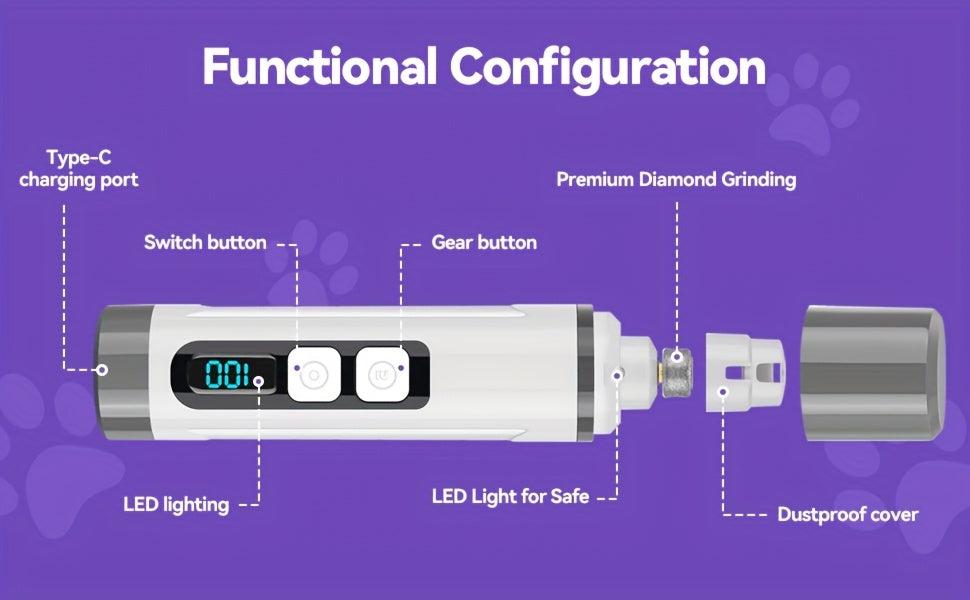 Coupe-griffes électrique silencieux pour animaux avec lumière LED – Kit de tondeuse rechargeable amélioré à 3 vitesses, entretien des pattes sans douleur pour chiens et chats de petite, moyenne et grande taille