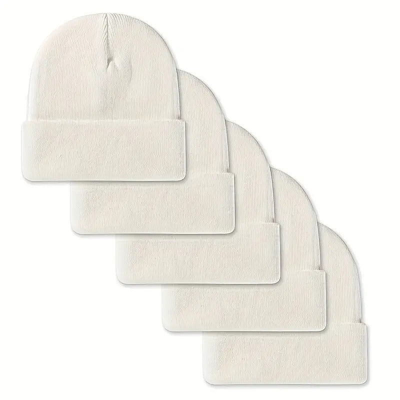 Lot de 5 bonnets unisexe en tricot pour hommes et femmes - Bonnets chauds, coupe-vent et doux en acrylique pour le ski en hiver, les activités en extérieur et le quotidien, bonnets légers et extensibles à revers, excellente idée cadeau