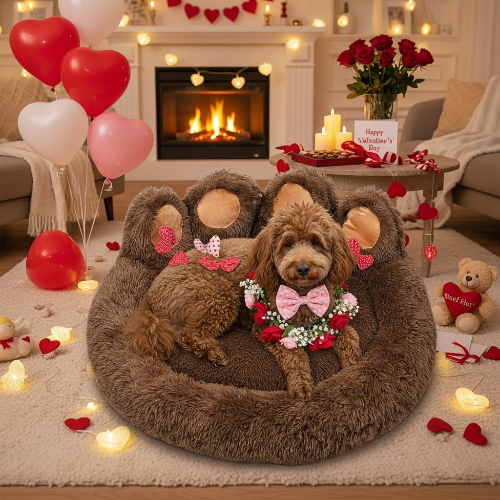 Lit pour chien et chat en forme de patte d'ours – Coussin rond apaisant, chaud et doux en peluche pour animal de compagnie avec foulard bonus, S M L XL 2XL Café Rose Gris Marron pour chiens et chats de petite, moyenne et grande taille