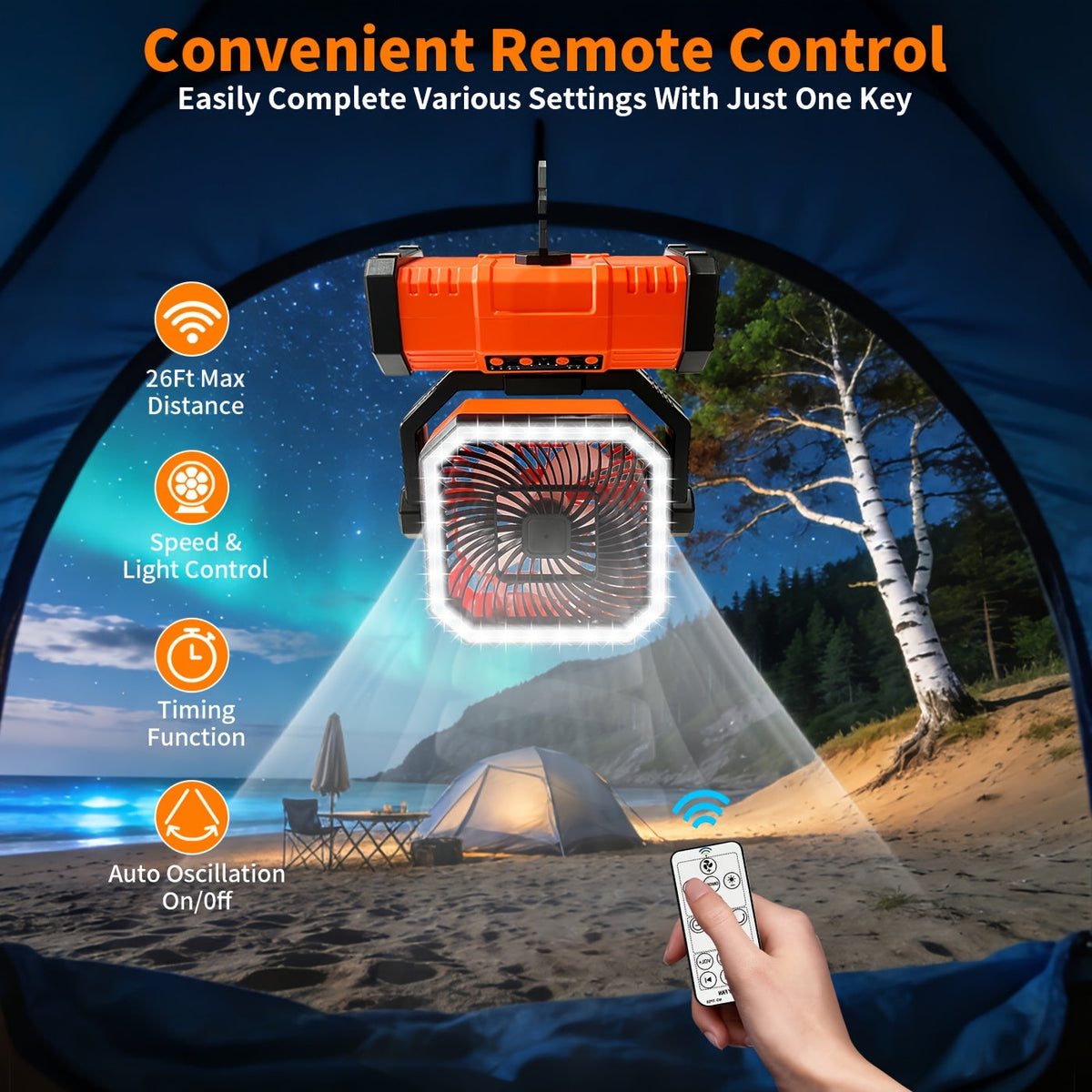 Ventilateur de camping portable 20 000 mAh avec télécommande, lumières LED, 4 vitesses et rotation à 360° – Ventilateur oscillant rechargeable sur batterie pour camping en plein air, camping-car et voyage