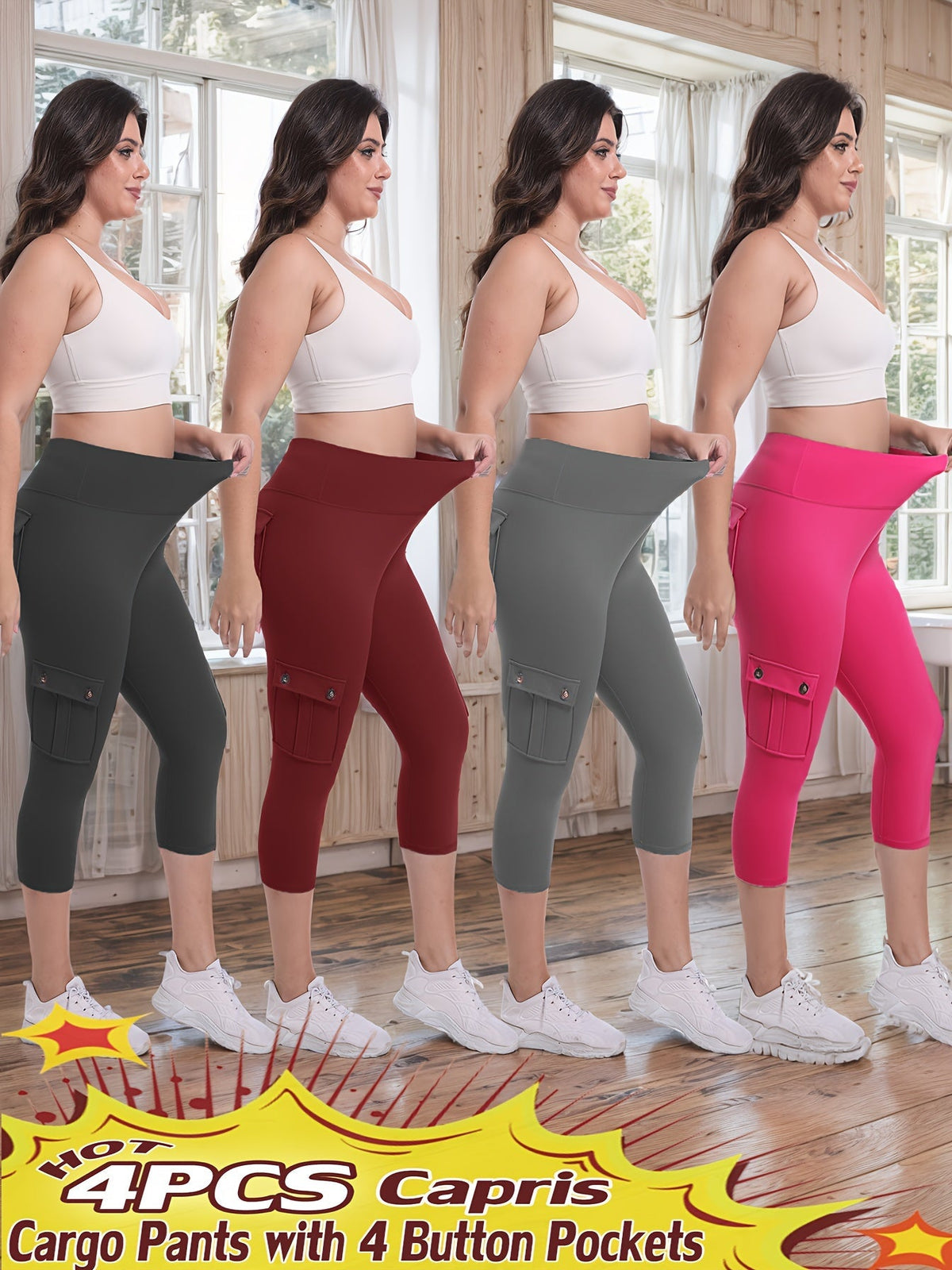 Lot de 4 pantalons de yoga Capri taille haute pour femmes, extensible dans les 4 sens, galbant, gainant, 4 poches - Leggings de sport pour la course, S-XXL, toutes saisons