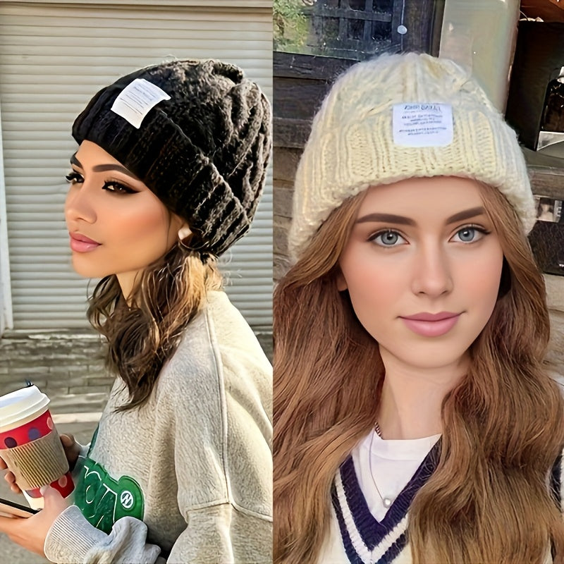 Lot de 2 bonnets d'hiver en tricot pour femmes et hommes, bonnets chauds à grosses mailles torsadées aux couleurs bonbon avec protection des oreilles, bonnet souple et ample pour l'extérieur et la ville par temps froid