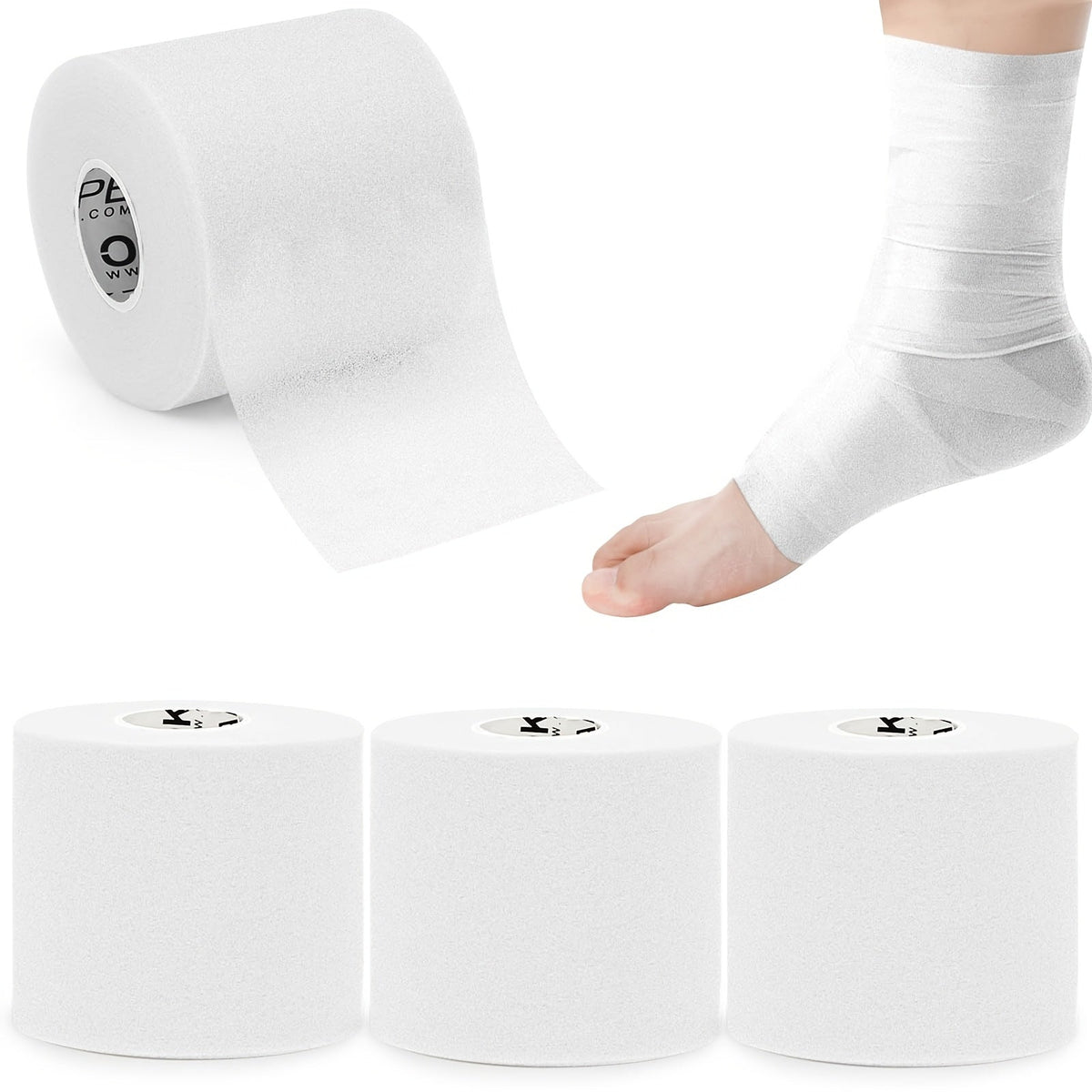 Bande de mousse protectrice (sous-bandage) OK TAPE pour le sport, 4 rouleaux - Protection pour chevilles, poignets, mains et genoux, 7 cm x 27,5 m par rouleau