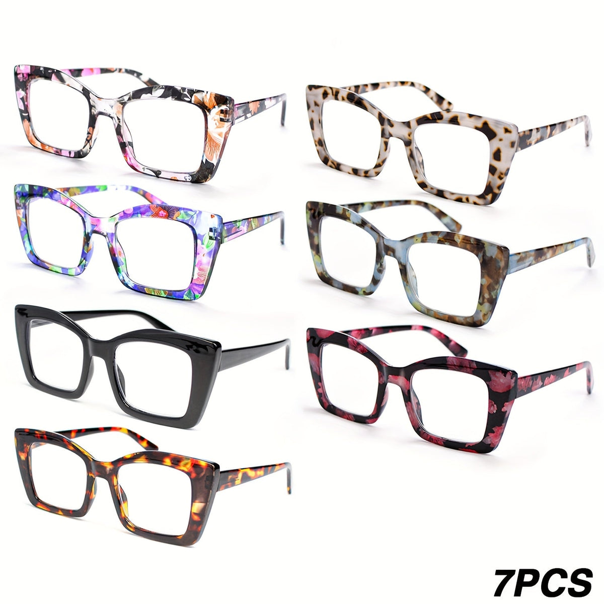 Lot de 7 paires de lunettes de lecture pour femmes – Grand style vintage carré, charnières à ressort, grossissement de +1,0 à +4,0, monture en PC durable, lunettes élégantes pour le quotidien des femmes