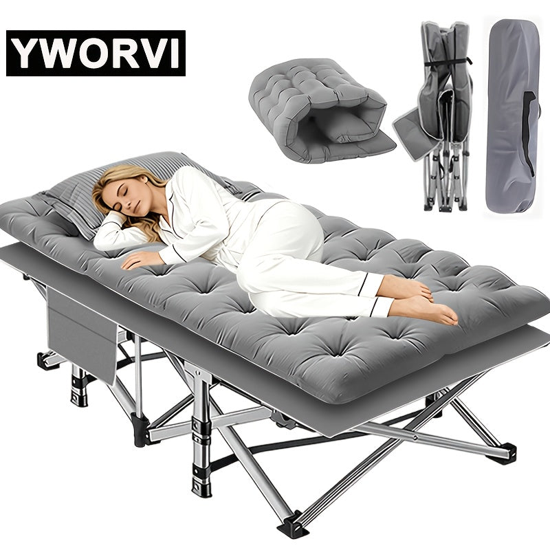 Lit de camping pliant avec matelas et poches latérales – Lit de camp portable robuste pour adultes, lit d'appoint pliable pour le camping, l'extérieur, la terrasse, le bureau ou la chambre d'amis