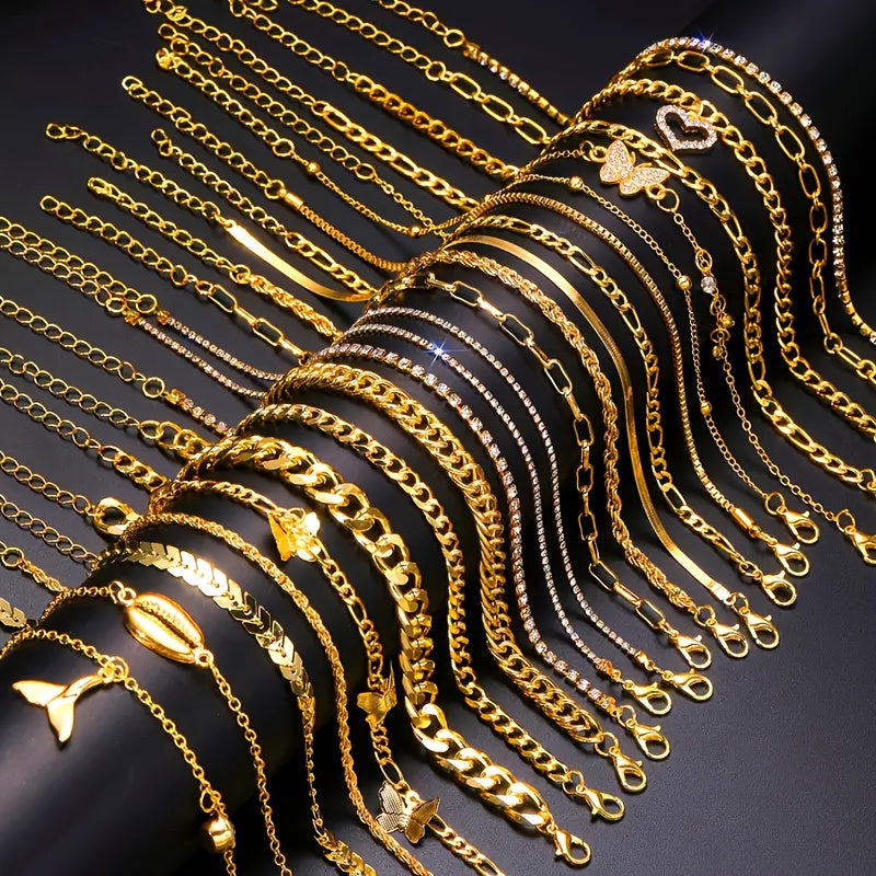 Lot de 22 bracelets de cheville superposés pour femme – Bijoux bohèmes vintage couleur or avec papillons et cœurs en strass, chaînes torsadées à breloques pour plage, fête, vacances, rendez-vous et cadeau