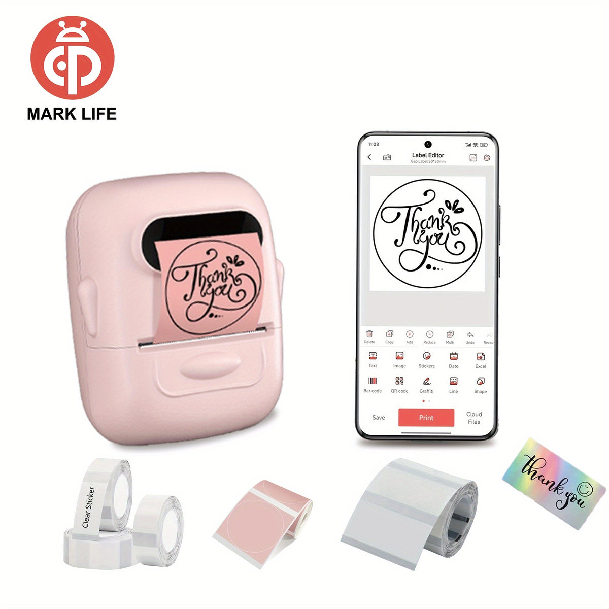 Étiqueteuse thermique sans fil – Aucune encre requise, modèles multiples, imprimante d'étiquettes Bluetooth pour l'organisation du rangement, fournitures de bureau, d'école et de maison, rose, blanc, bleu