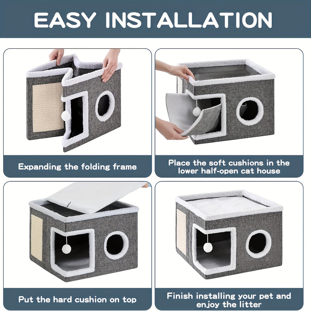 Maison à étages pour chat avec lit à 2 niveaux, tunnel de jeu, griffoir pliable et tapis douillet – Condo d'intérieur pour chat toutes saisons avec balle suspendue en peluche, cadre en nylon et toile, design pliable