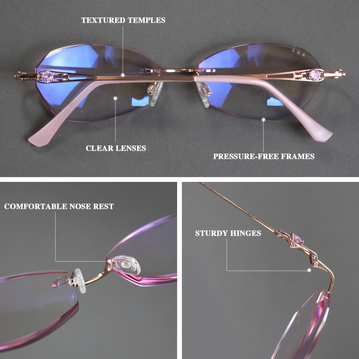 Lunettes de lecture pour femme roses à strass avec verres photochromiques – Branches élégantes effet miroir, charnières en alliage doré, corrections de +1,00 à +4,00, cadeau élégant pour femme pour Noël et anniversaire