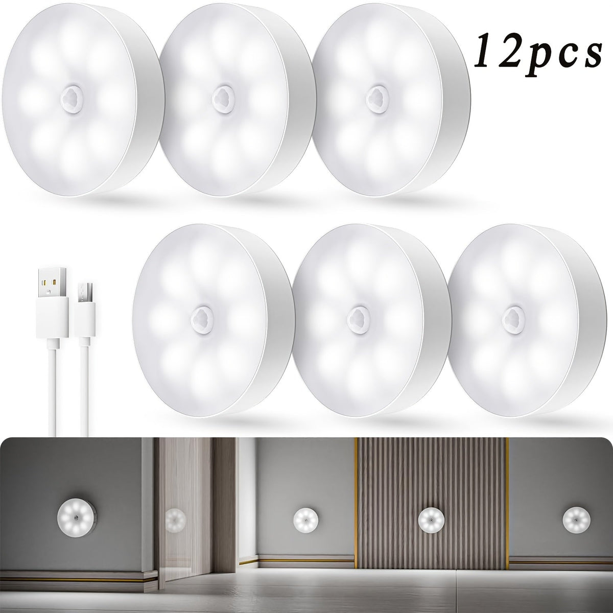 Veilleuses LED à détecteur de mouvement, rechargeables par USB, sans fil, mode double, luminosité réglable, fixation magnétique, éclairage sous meuble pour cuisine, couloir, escaliers, placard, lot de 6 ou 12