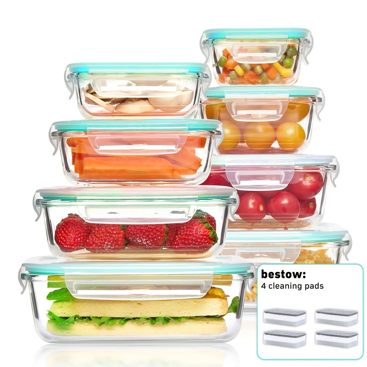Ensemble de 16 récipients alimentaires en verre hermétiques – 8 couvercles et 8 récipients, compatibles micro-ondes et four, sans BPA, parfaits pour la préparation des repas, salades, fruits, légumes, sandwichs et pique-niques en extérieur
