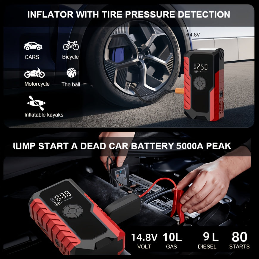 Démarreur de batterie portable 5000A avec compresseur d'air 150 PSI – Booster de batterie tout-en-un 10000mAh, port Type-C, lampe LED pour voitures essence et diesel 12V, camions, SUV et motos