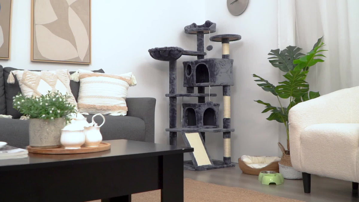 Arbre à chat multiniveaux de 145 cm avec 2 niches – poteaux à griffer en sisal, balle suspendue, plateforme ronde et échelle pour chatons et petits chats d'intérieur, 6 couleurs, cadeau de Noël pour les amoureux des chats