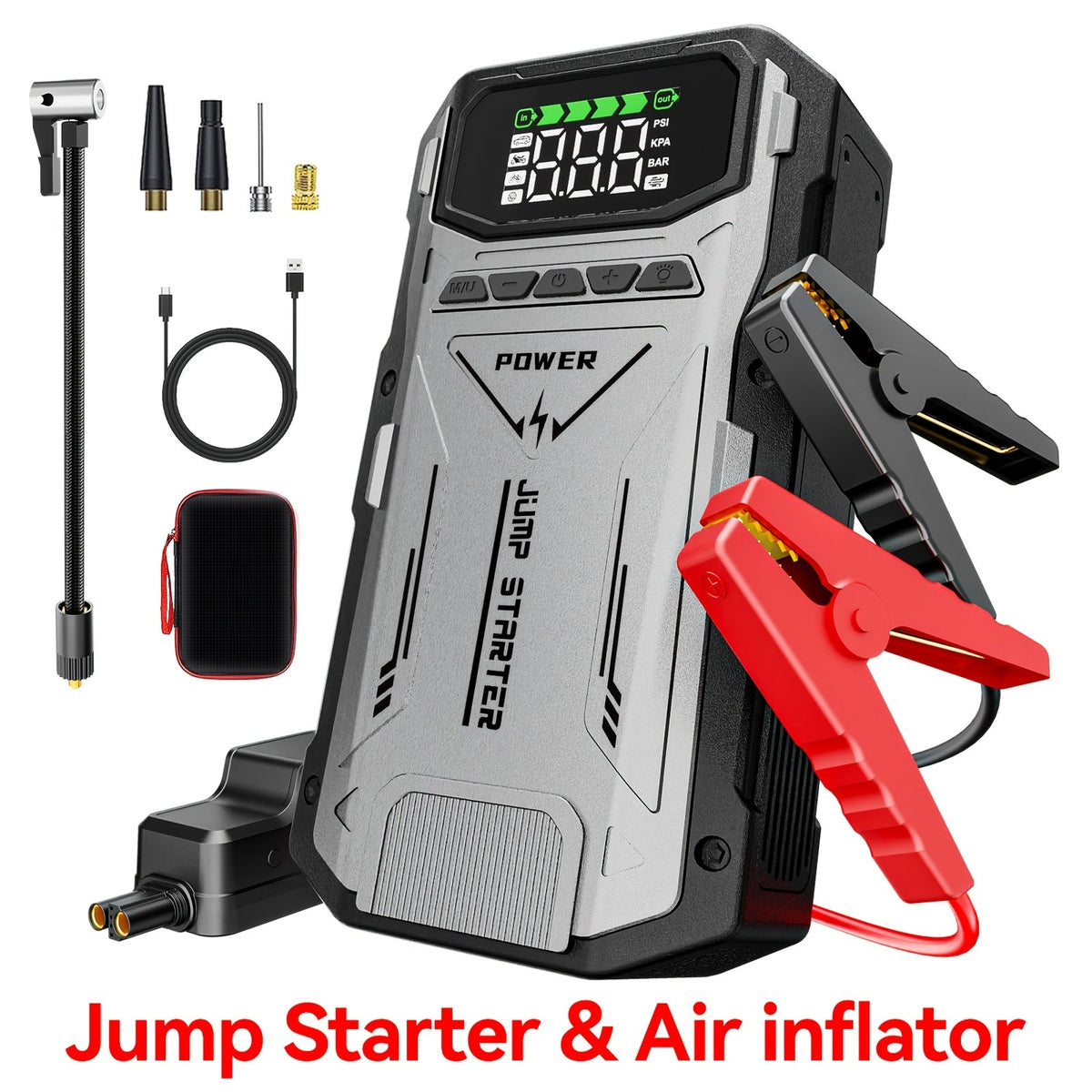 Démarreur de voiture 5000A avec compresseur d'air 150 PSI – Batterie de secours portable 12000 mAh, gonfleur de pneu numérique, USB-C et USB-A, lampe de secours LED pour moteurs essence et diesel 12V