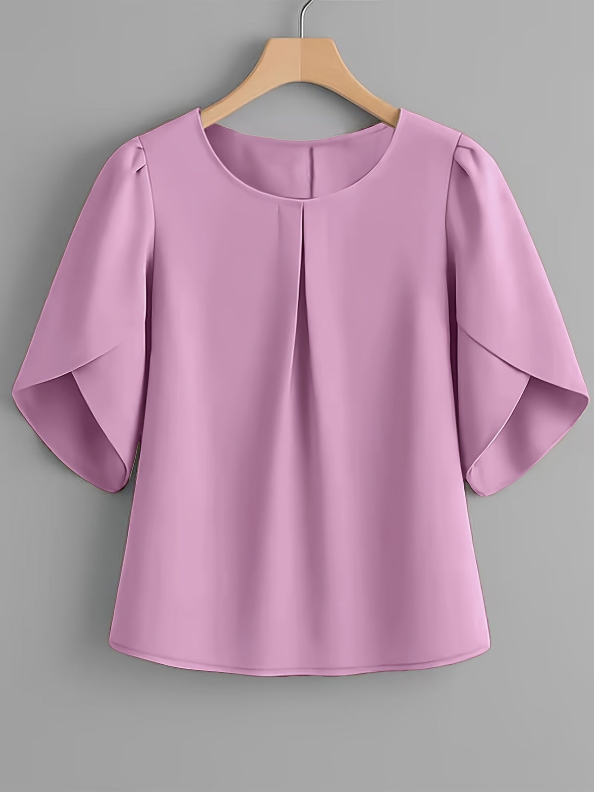 Chemisier femme à manches courtes, col rond, poignets à volants et plis sur la poitrine – Haut élégant en tissu 100 % polyester, semi-transparent, avec manches fendues