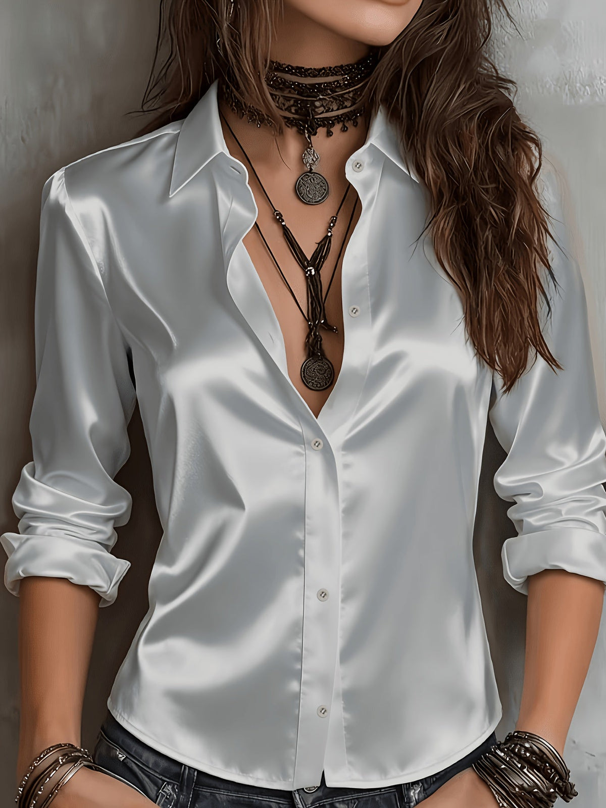 Chemisier élégant en satin pour femme, haut boutonné à l'aspect soyeux, idéal pour le travail, le bureau ou une tenue décontractée, toutes saisons, tailles S M L XL XXL