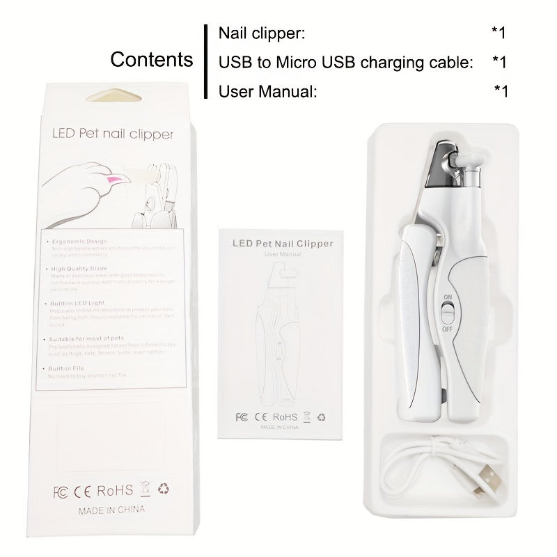 LED Pet Nail Clippers USB Rechargeable β Cat & Dog Nail Scissors with Built-In Light, Nail File & Anti-Splash Guard, Professional Precision Grooming Tool for Safe At-Home Pet Nail Trimming