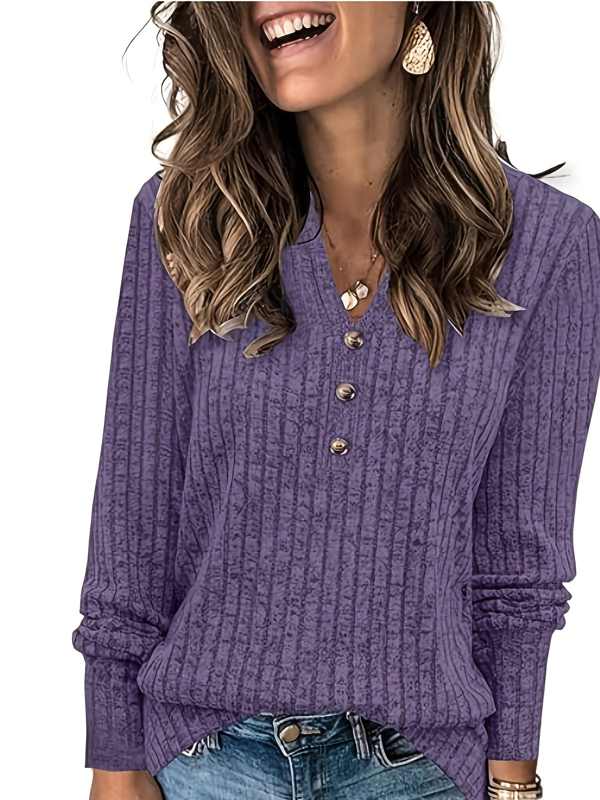 Women's Ribbed V-Neck Sweatshirt Long Sleeve Casual Loose Knit Top for Women Fall Winter Fashion S-XXL Multiple Colors