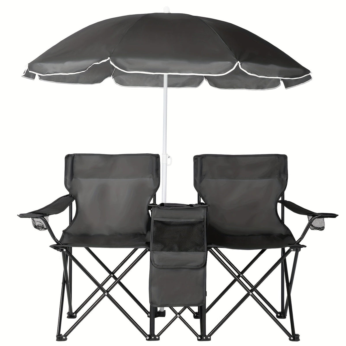 Chaise pliante d'extérieur pour 2 personnes avec parasol amovible – Canapé de camping portable avec accoudoirs pour la pêche, la plage, le bronzage et le pique-nique