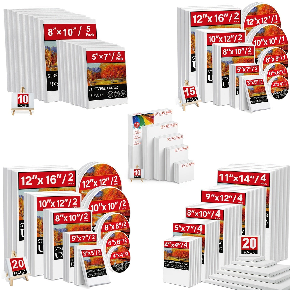 Lot de toiles tendues apprêtées en blanc, 100 % coton – Ensembles ronds, rectangulaires et carrés de 10, 15 et 20 pièces – Châssis entoilés d'artiste pour peinture acrylique, à l'huile, pouring et techniques mixtes