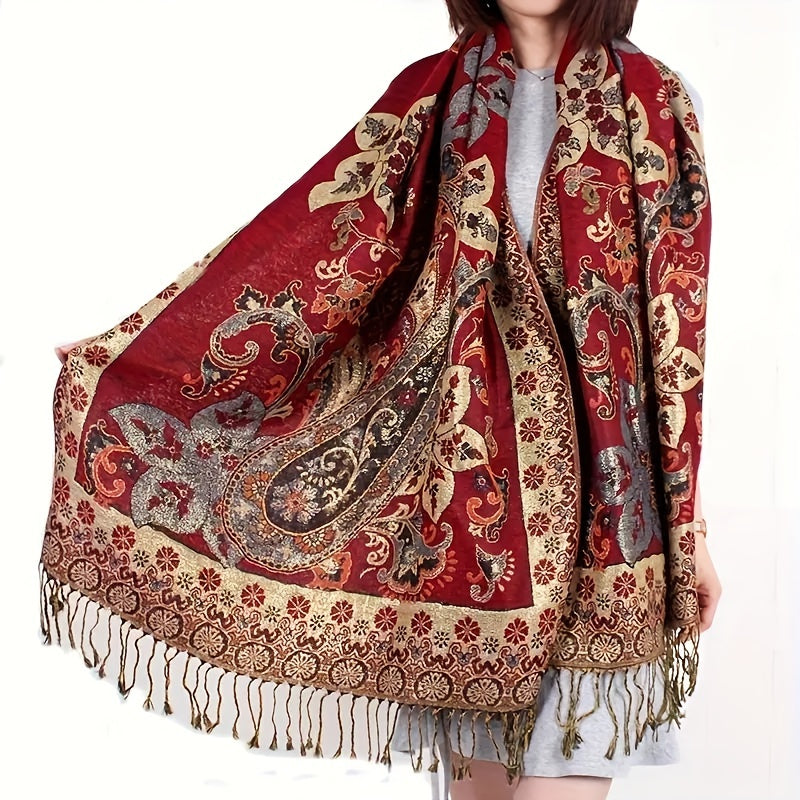 Écharpe châle en jacquard cachemire à motif cachemire avec franges pour femme, style bohème ethnique, accessoire doux et chaud pour le voyage, les festivals ou le quotidien, 8 couleurs