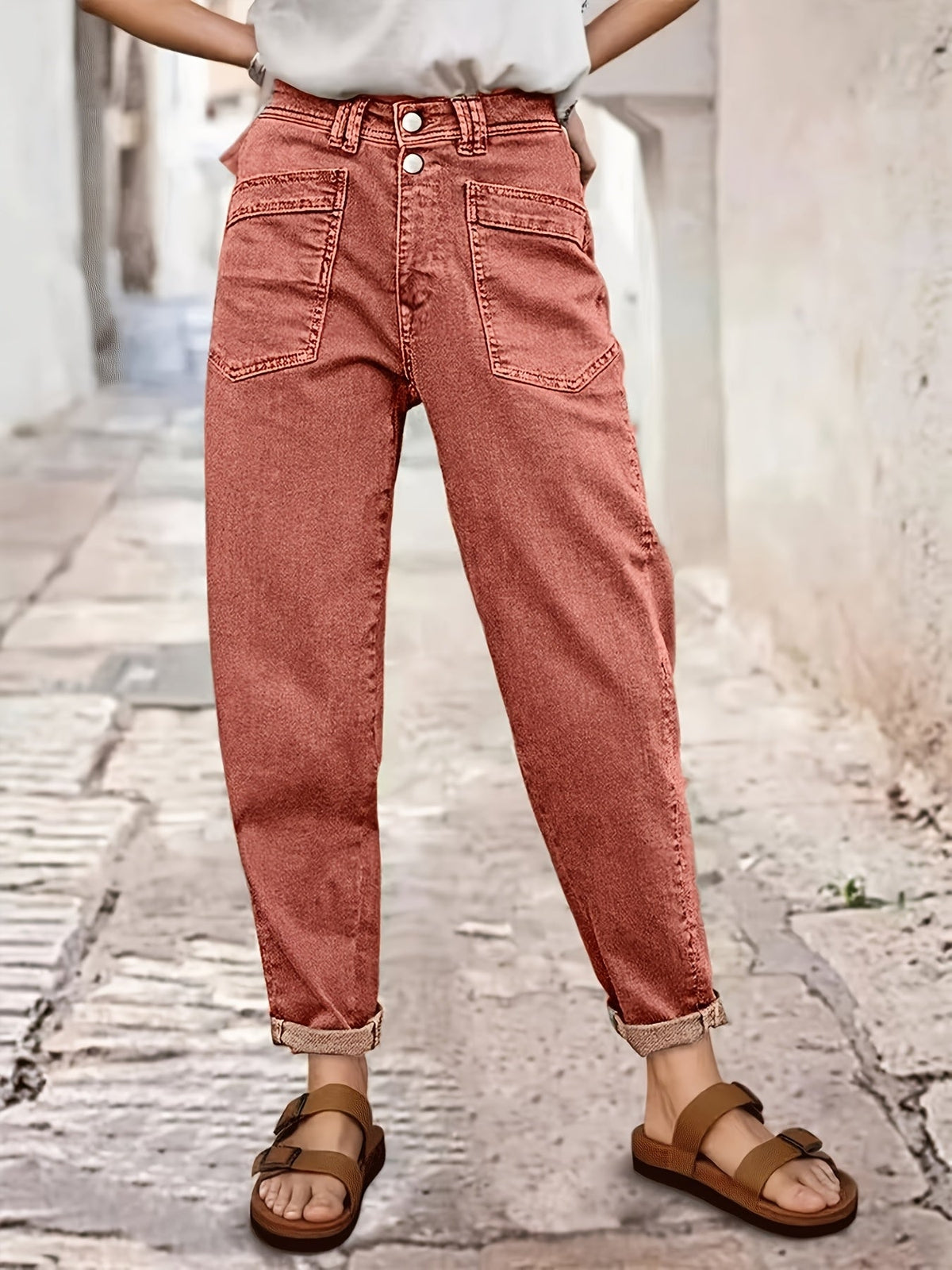Jean droit stretch taille mi-haute pour femme - Vert olive, braguette à boutons, poches latérales, passants de ceinture, jean baggy stretch 4 directions mode urbaine pour tenue décontractée ou semi-formelle toutes saisons, lavable en machine