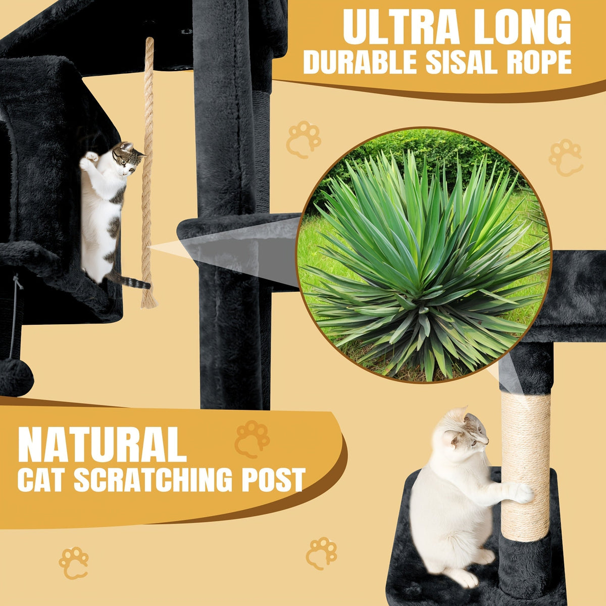 Arbre à chat multi-niveaux de 150 cm pour chats d'intérieur – Grand arbre à chat avec zone de repos en peluche, poteau à griffer en sisal et jouet à balle suspendue – Idéal pour chambre, salon et foyers multi-chats – Velora