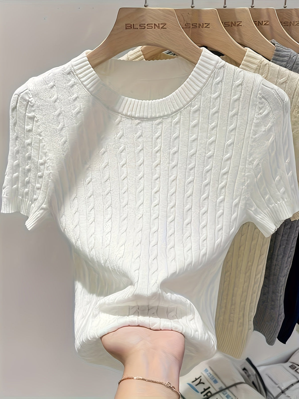 Pull femme en jacquard à manches courtes, chic, tricot torsadé, col rond, ourlet et poignets côtelés, léger, viscose, printemps-été, décontracté, S M L XL XXL
