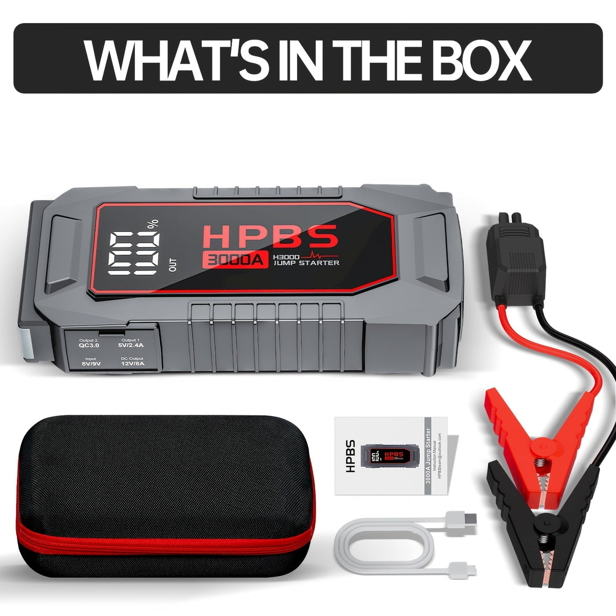 Démarreur de voiture 5000A, batterie externe 24000mAh, booster de batterie 12V pour moteurs essence et diesel – Démarrage rapide de batterie déchargée pour voiture, camion, SUV, moto avec lampe de poche LED pour urgences en extérieur
