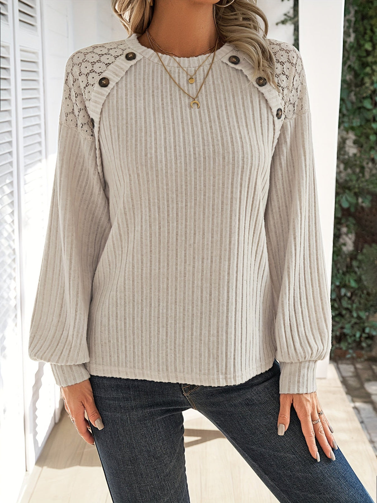 Haut décontracté à manches raglan en dentelle contrastée pour femme, chemisier en polyester stretch doux avec boutons, S M L XL XXL | Mode printemps-automne abricot