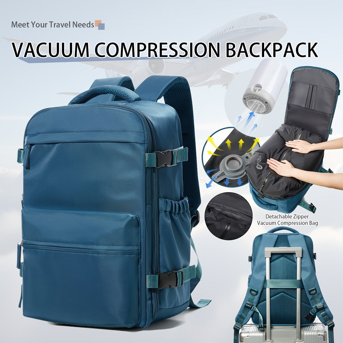 Sac à dos de voyage avec pompe à vide – Sac de transport pour ordinateur portable extensible, grande capacité, gain de place, en tissu Oxford pour hommes et femmes, randonnée, camping et voyage