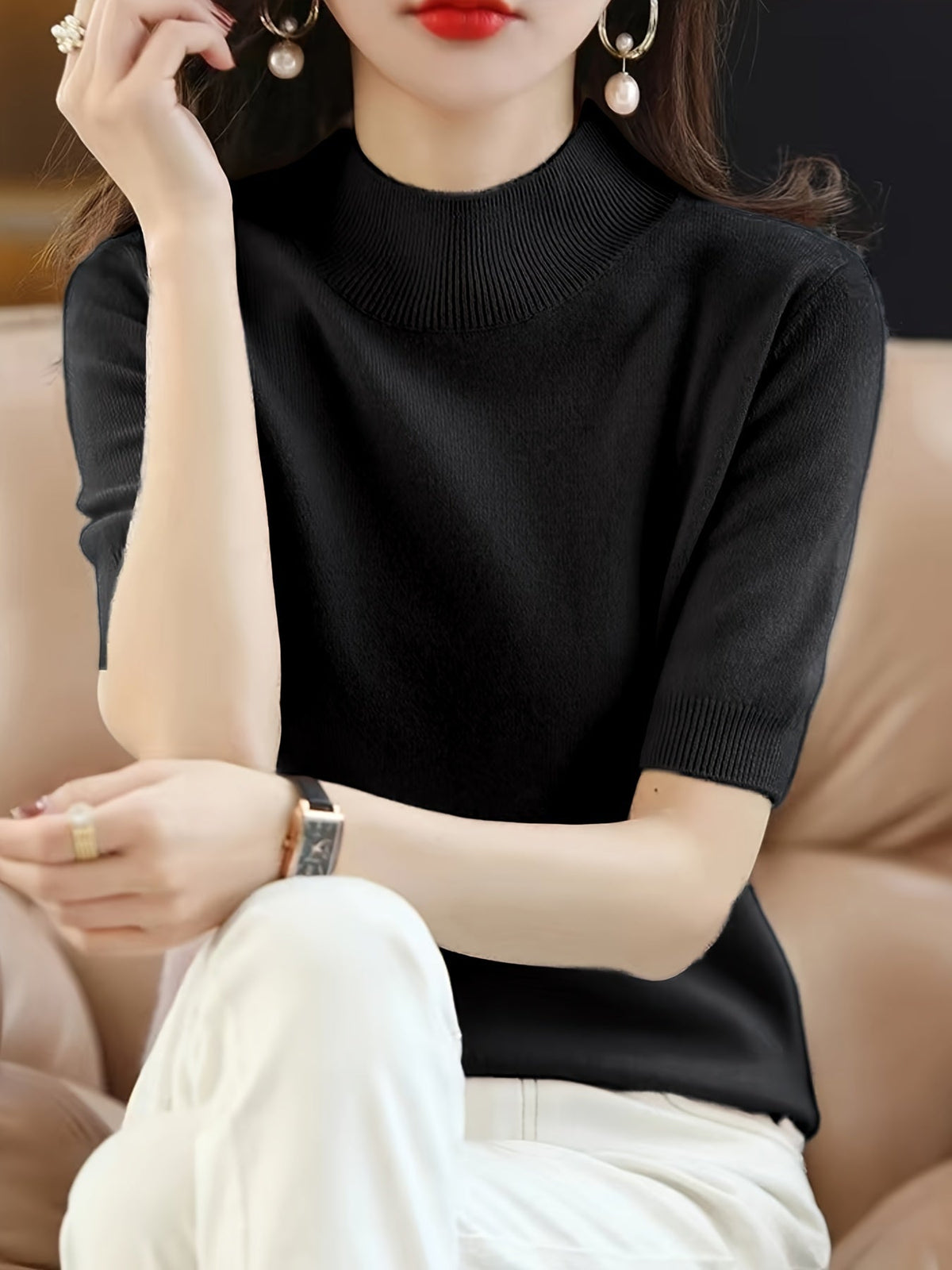 Women's Crew Neck Pullover Sweater Elegant Solid Color Short Knit Top Rib-Trim Stretchy Half-Neck Base Layer Shirt for Women