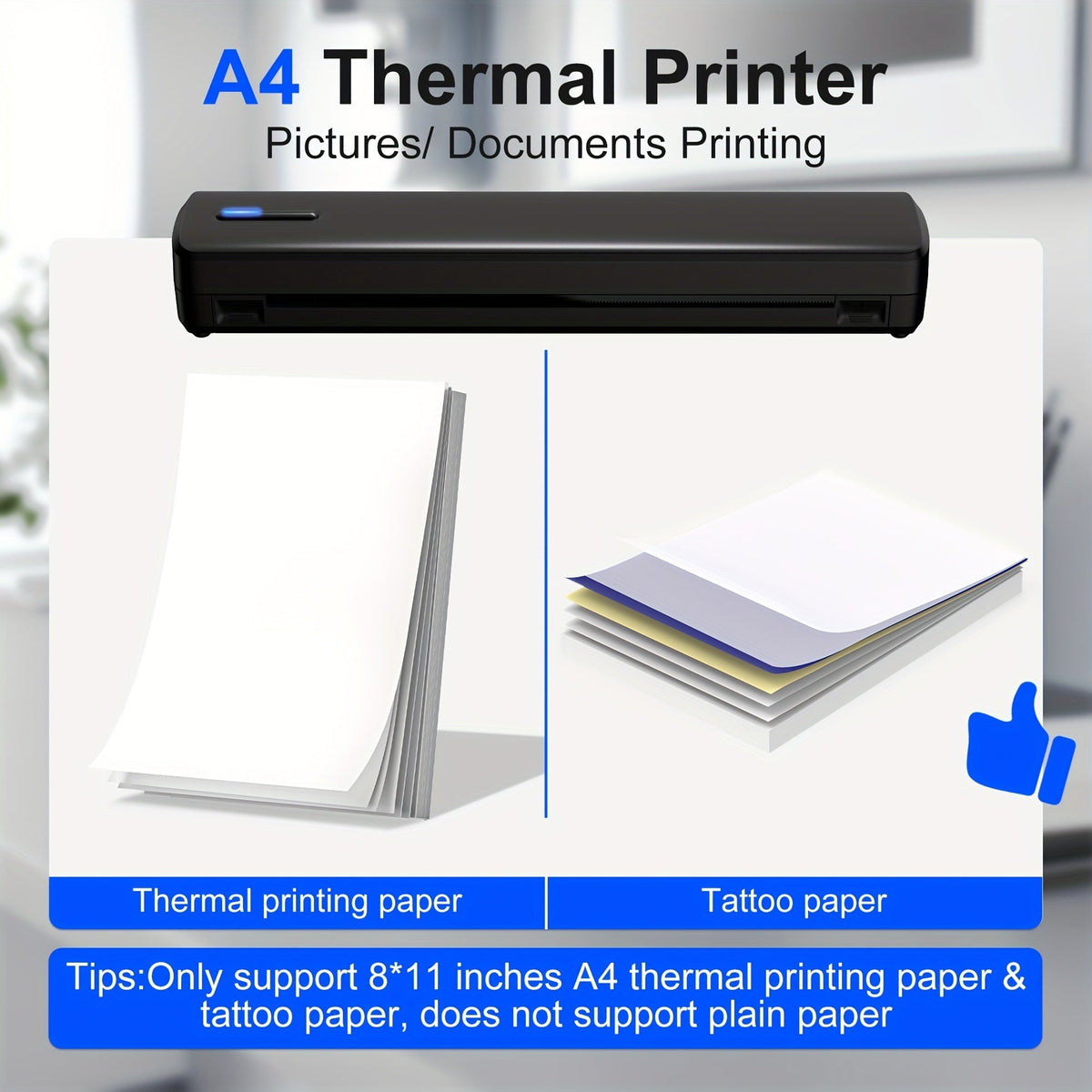 Imprimante thermique portable sans encre sans fil – D810B A4 & US Letter 8,5x11, 200 feuilles par charge, compatible iPhone, Android & ordinateur portable, pour bureau à domicile, école & voyage, inclut 20 feuilles