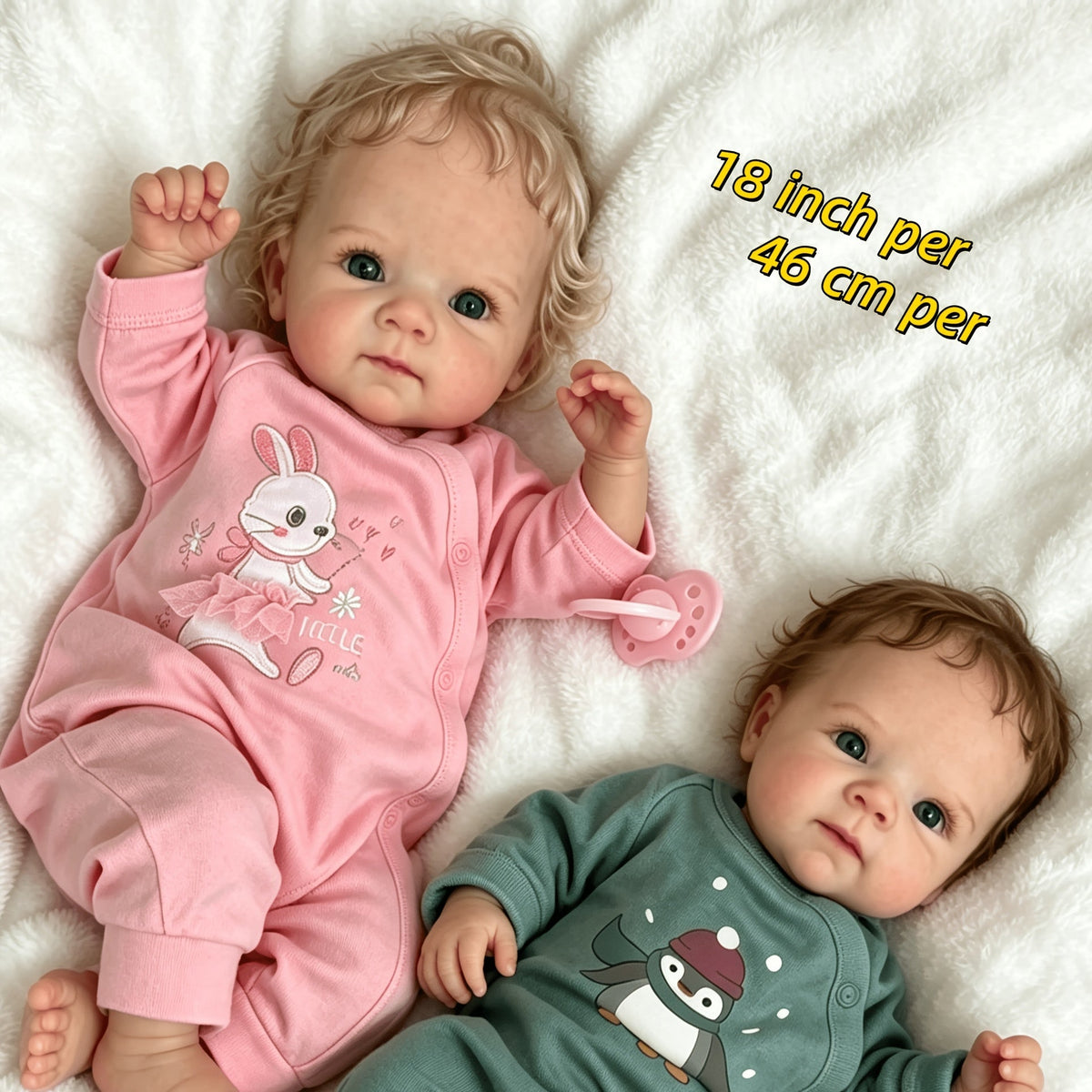 Ensemble de poupons jumeaux reborn Lifelooking de 46 cm – Poupées nouveau-nés réalistes avec corps entier en vinyle souple, cheveux bouclés implantés, tétines, couches et certificats de naissance, cadeau de jeu de rôle pour enfants de 3 ans et plus