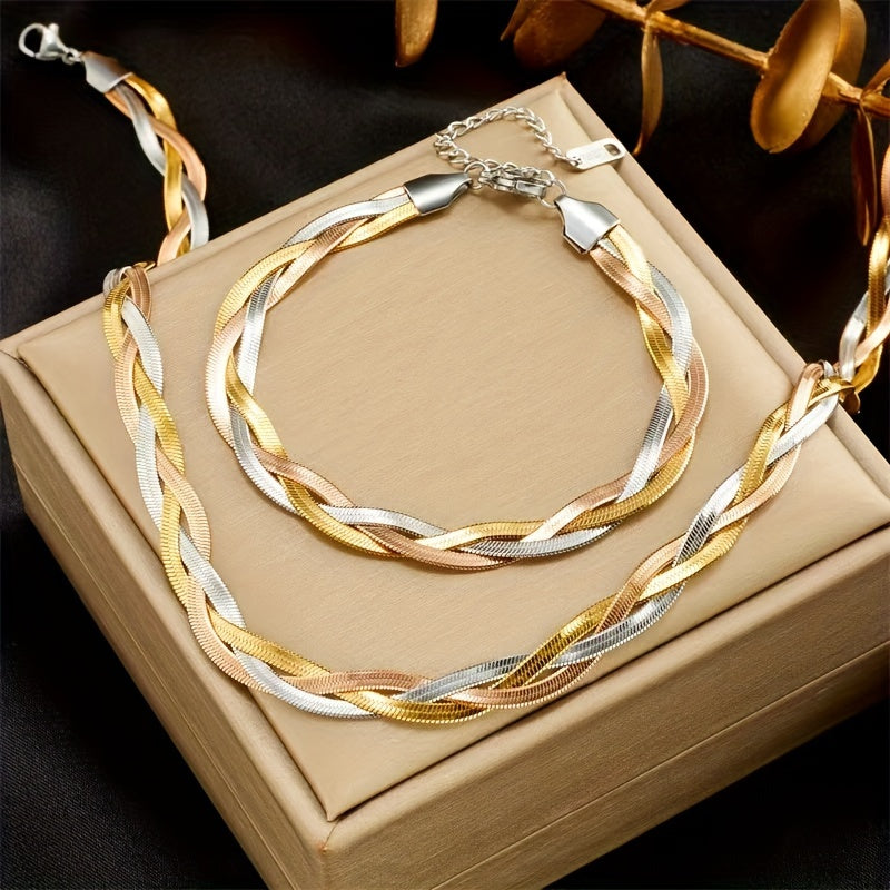 Parure 2 pièces collier et bracelet en acier inoxydable doré pour femme – Design tressé tricolore plaqué or, style rétro minimaliste français pour le quotidien, le travail, les vacances et les soirées